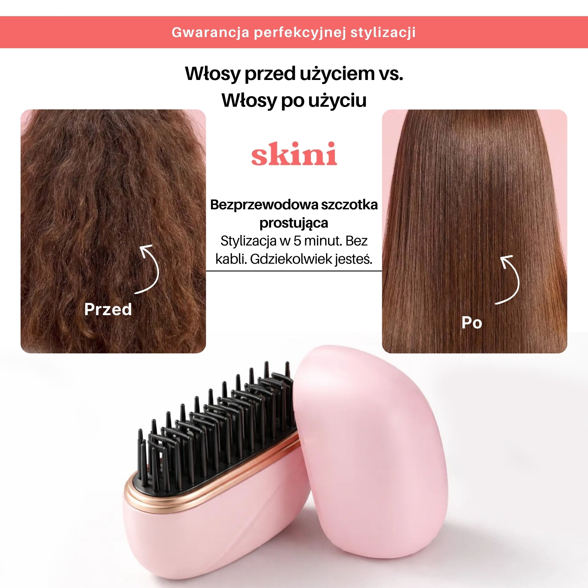 Skini - Bezprzewodowa Szczotka Prostująca do Włosów